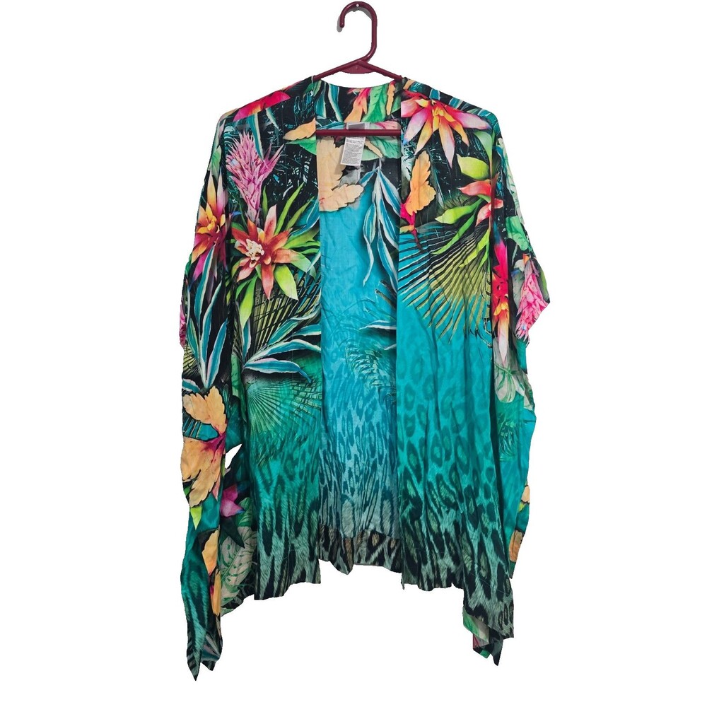 Chico’s Open Front Kimono Cardigan Women's S/M Floral Tropical Beachy Blouse